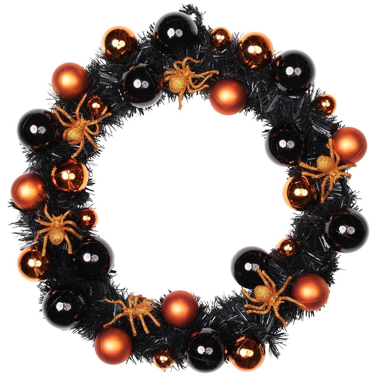 18-inch black tinsel wreath with black and orange ornaments, orange spiders