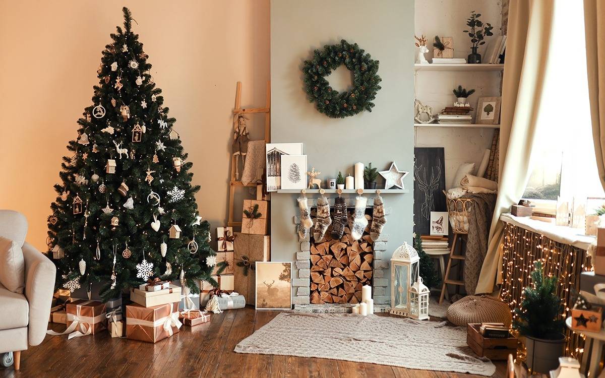 Living room decorated for Christmas with tree, wreath, stocking and other Christmas decorations