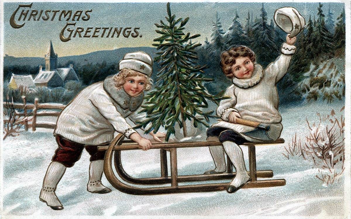 old-fashioned illustrated Christmas postcard featuring two children carrying a small pine tree on a sled in snowy scene