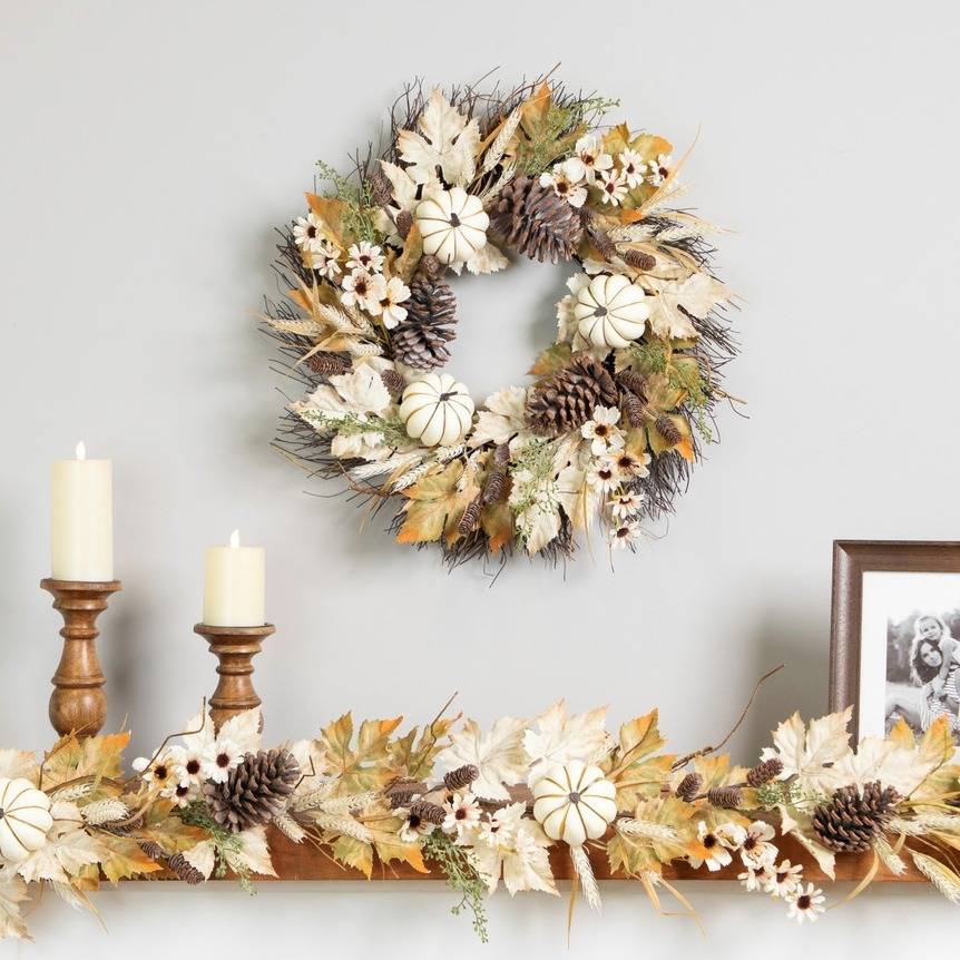 24-inch Pumpkin, Wheat and Pinecone Fall Wreath