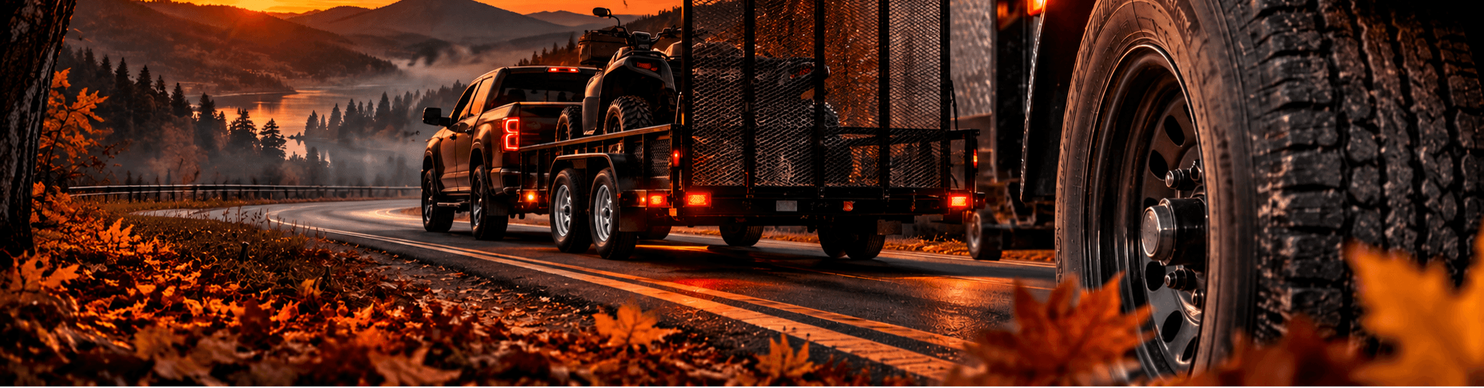Pickup truck towing a utility trailer with small trailer tires along a scenic autumn road at sunset, surrounded by fall foliage and Halloween-inspired scenery