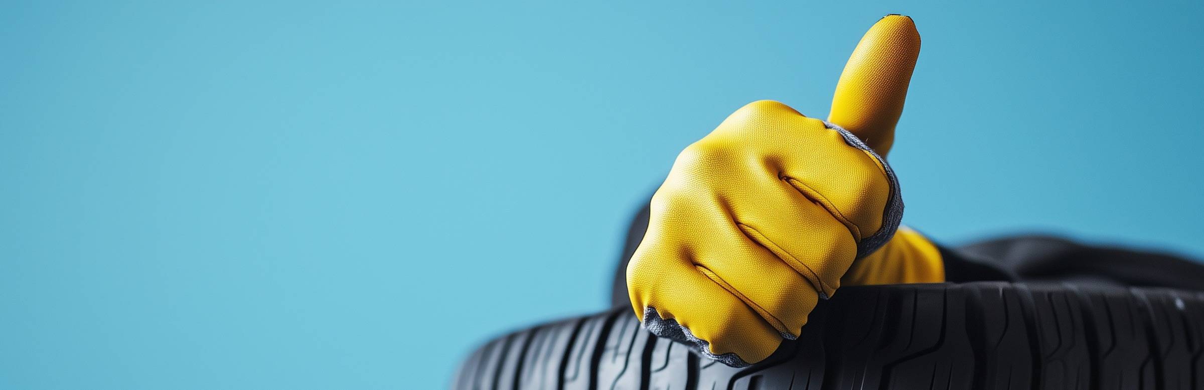 Realistic human hand with yellow gloves holding a thumbs up on a tire with blue background