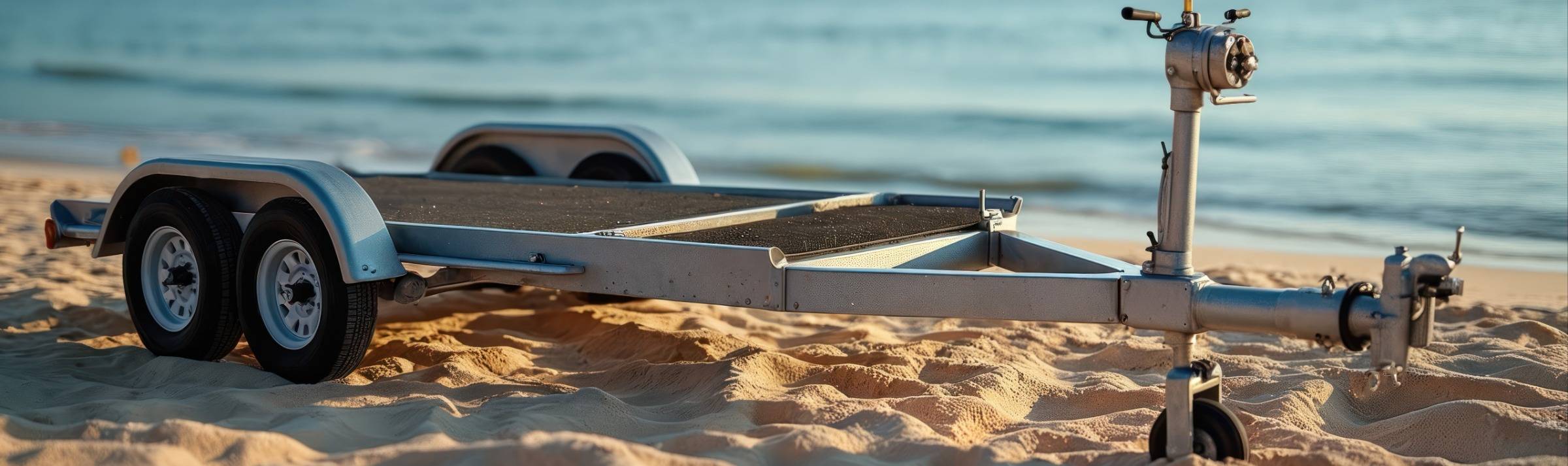 trailer bed by itself on sand on edge of a beach during sunrise
