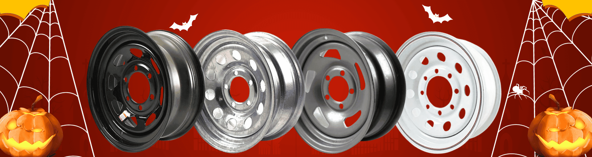 Black, galvanized, gray, and white steel trailer wheels displayed side by side, showcasing durable rim options for utility, cargo, and boat trailers