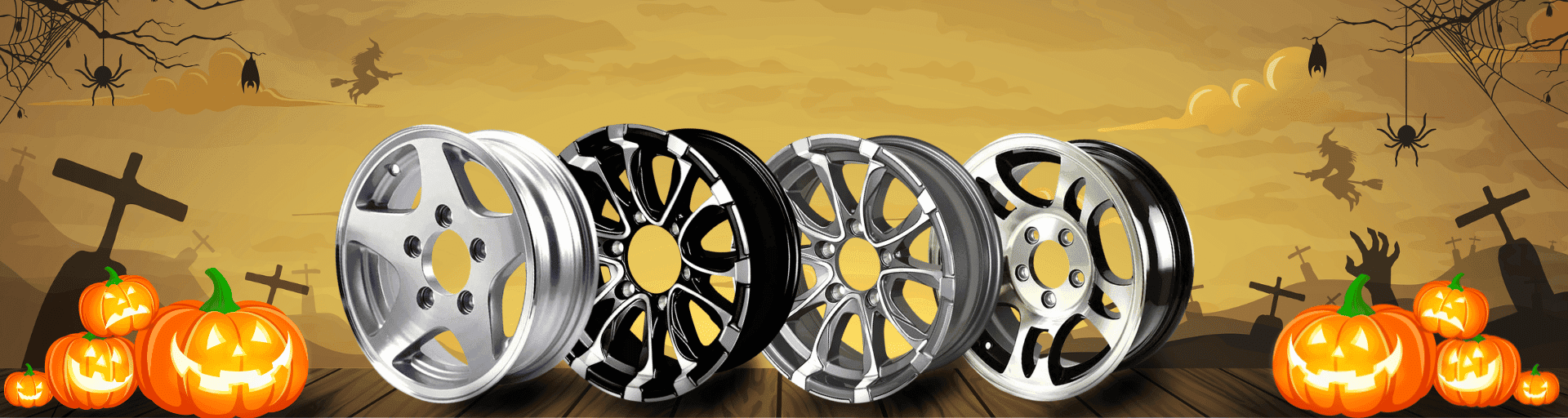 Halloween theme with pumpkins monster makeover aluminum trailer wheels silver and black inlay trailer upgrades
