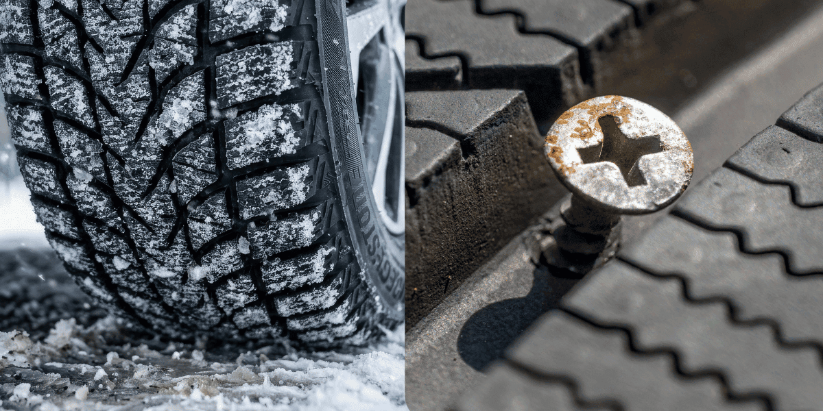 Two images side by side; tire on snow and tire with nail embedded
