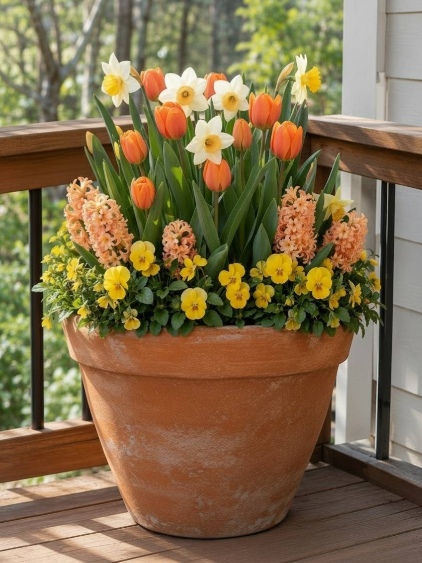 Layered bulb planting of apricot daffodils, orange tulips, peach hyacinths, and yellow pansies