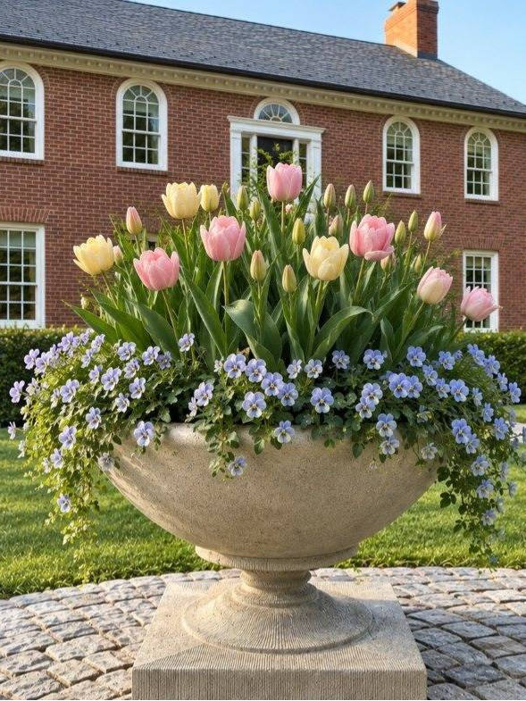 Cast stone urn planted with a mix pastel pink and yellow tulips and light blue violas