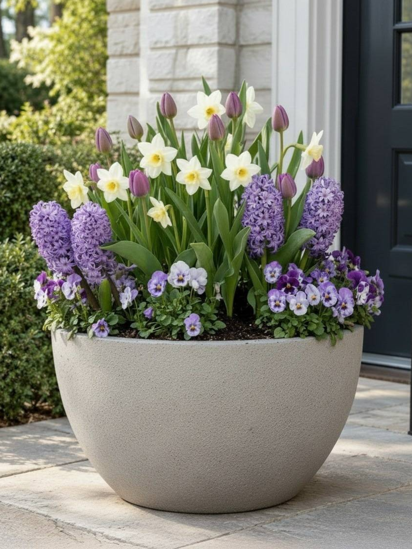Layered bulb planting of daffodils, tulips, hyacinths, and pansies in pale yellow and purple shades in a round gray pot