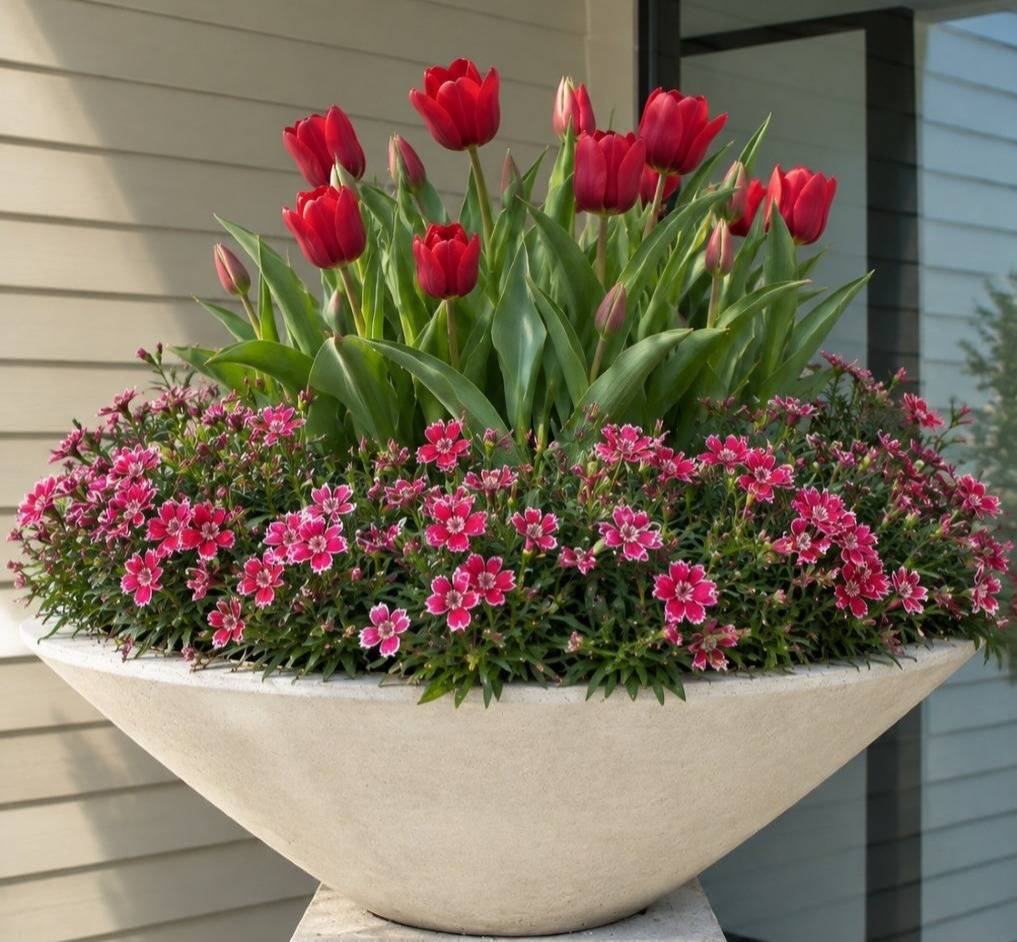 Red tulips in container with dianthus