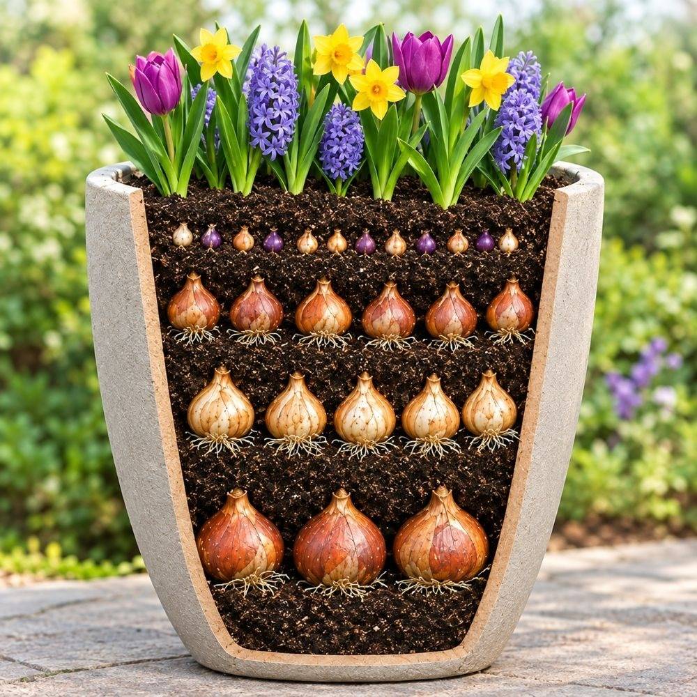 Cross sectional diagram of bulb lasagna, layered bulb planting in a container with tulips, daffodils, & hyacinths