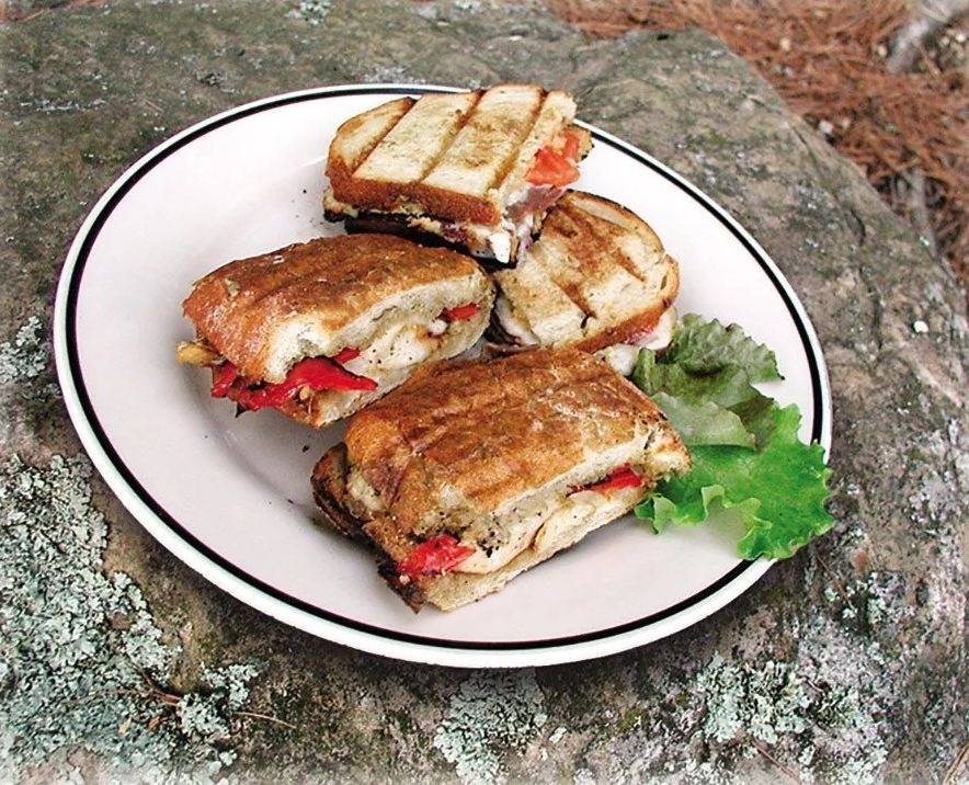 Toasted paninis on a white plate with lettuce garnish sitting on a large boulder