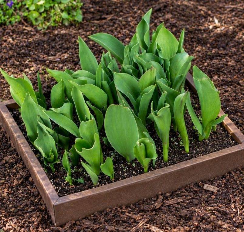 Tulip foliage emerging in a square planter sunk in the ground for winter protection