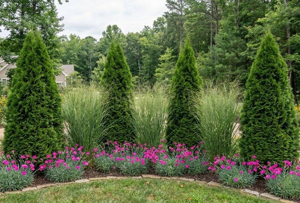 Emerald Green Arborvitae planted as a privacy screen with ornamental grasses