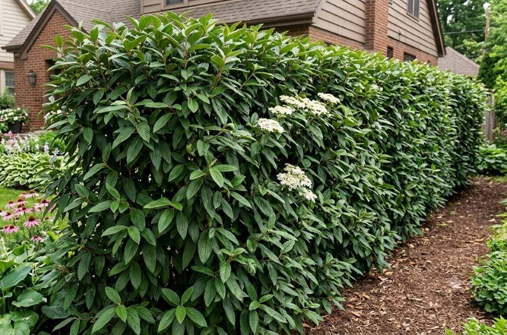 Prague viburnum grown as an evergreen privacy hedge