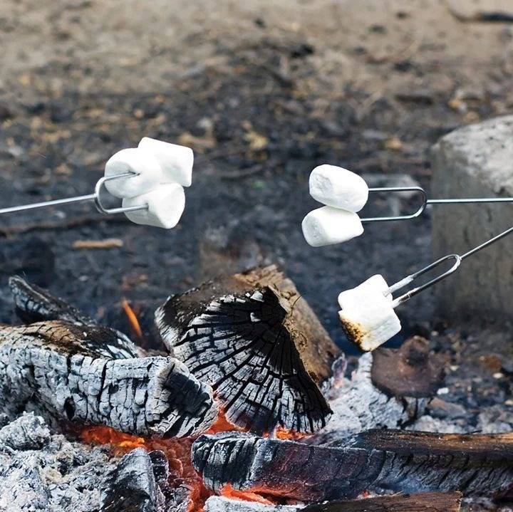 long handled cooking forks with marshmallows over glowing campfire