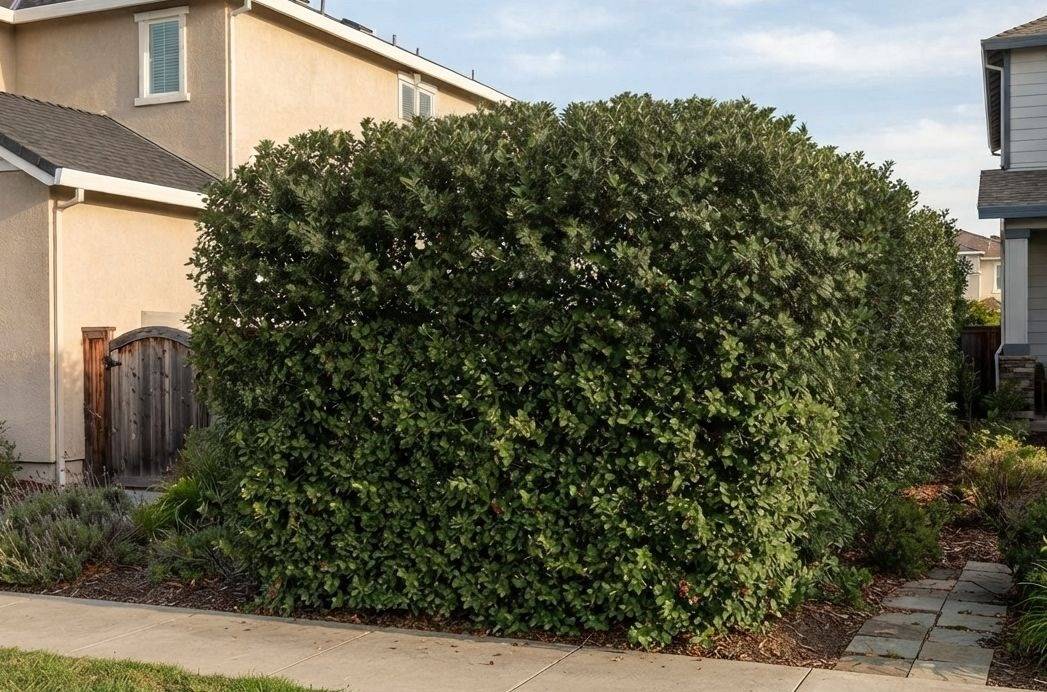 Yaupon holly grown as a large evergreen screen between two homes