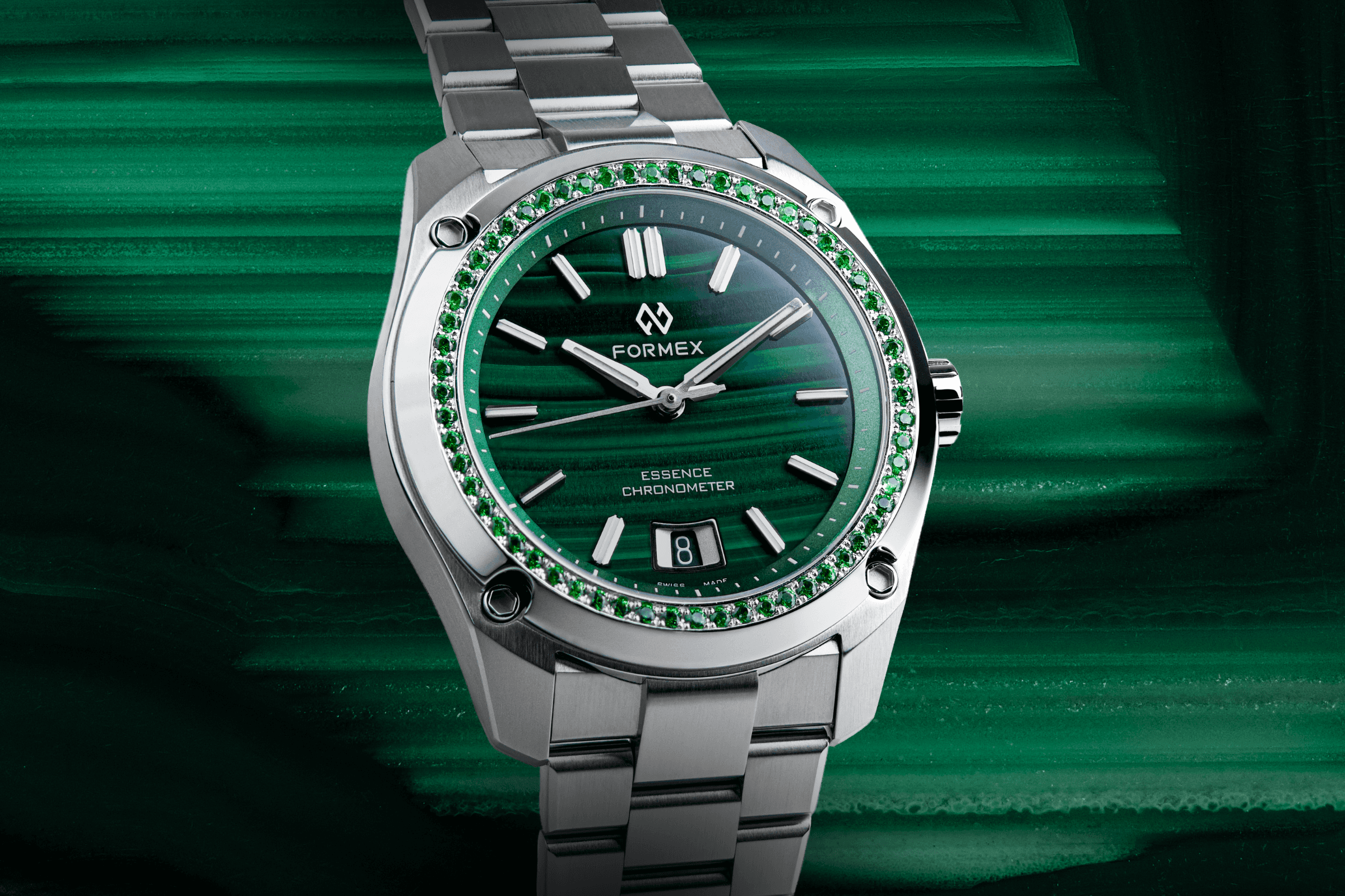 Formex Essence Malachite with Tsavorite gemstone bezel