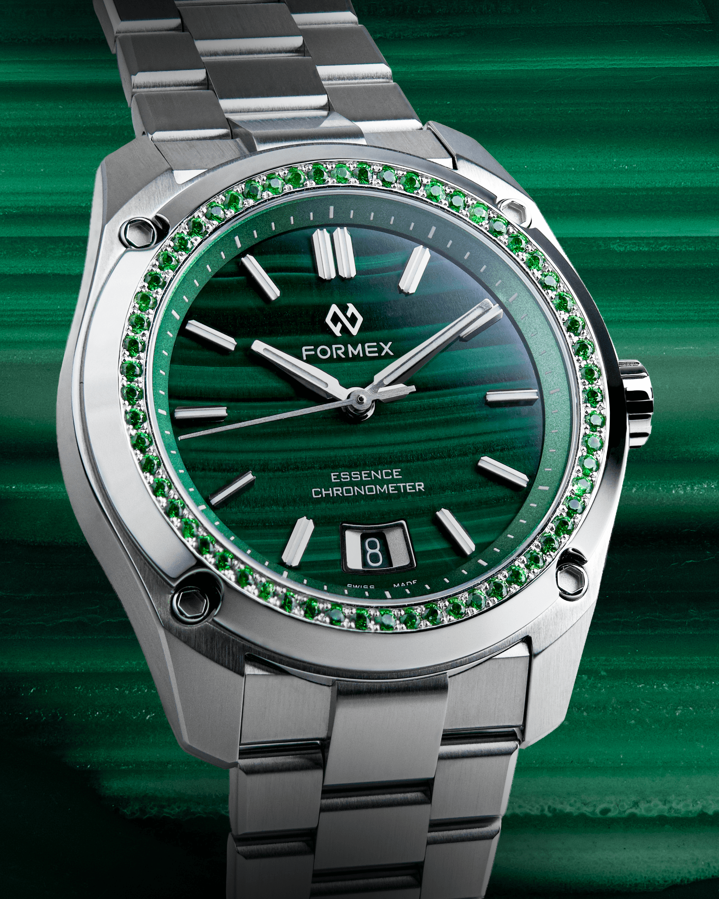 Formex Essence with malachite dial and green gemstone-set bezel