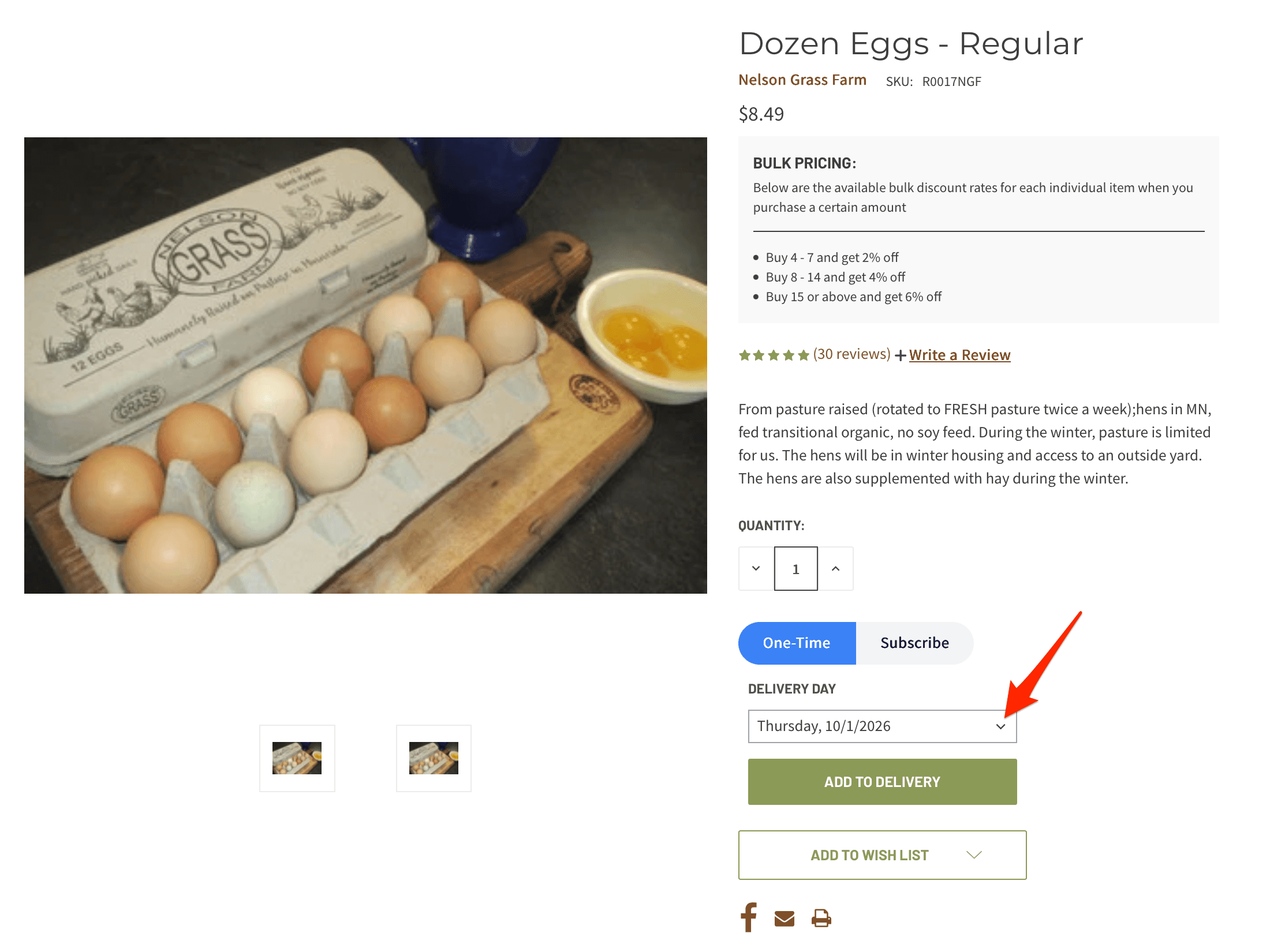 Adding an item from the product's page